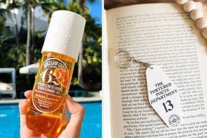 Person holding a bottle of sunscreen by a pool, placed next to an open book with readable text