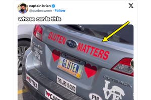 Car with various stickers, one large saying "GLUTEN MATTERS," and a yellow arrow pointing at it