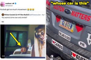 Left: Person dances in a video. Right: Car with stickers like "GLUTEN MATTERS" and "whose car is this"