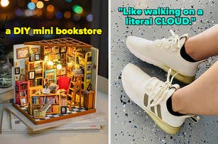 a diy mini bookstore model / a pair of sneakers and quote "like walking on a literal CLOUD"