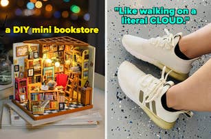 a diy mini bookstore model / a pair of sneakers and quote "like walking on a literal CLOUD"