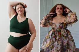 one plus size model wearing a matching green sports bra and underwear; another plus size model wearing a floral mini dress