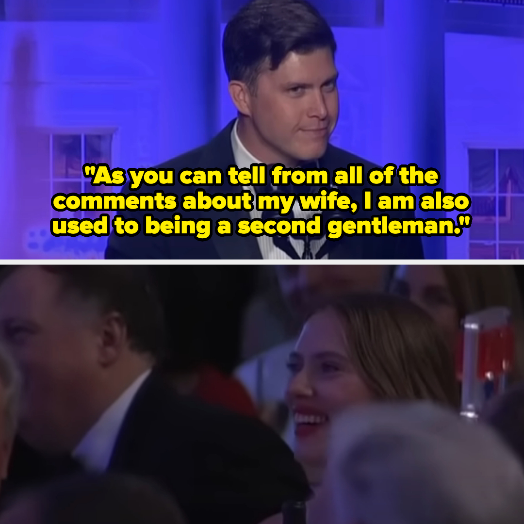 Closeup shots of Colin Jost saying, &quot;As you can tell from all of the comments about my wife, I am also used to being a second gentleman&quot;