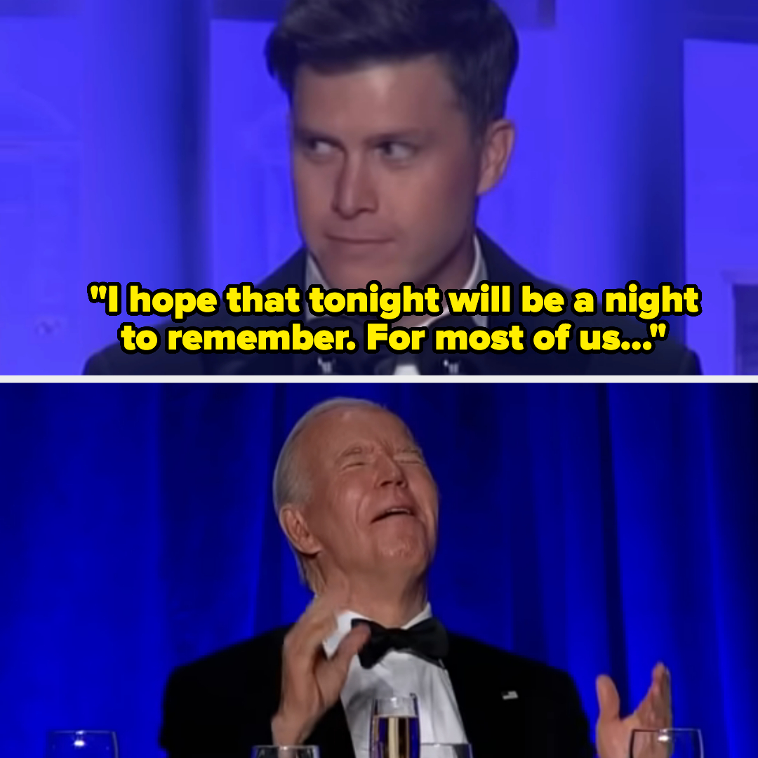 Two-panel image: Top shows Colin Jost speaking, saying, &quot;I hope that tonight will be a night to remember. For most of us...&quot;
