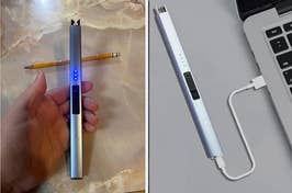 Person holding a slim electronic device with LED indicators next to a pen, and the same device charging via laptop