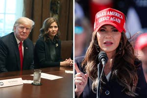 Two separate images: left shows a man and woman at a table; right shows a woman in a 'Make America Great Again' hat speaking into a microphone