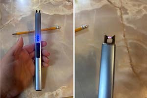 An e-cigarette resembling a stylus with an LED indicator held in hand, and another view of it on a surface