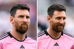 Split image of Lionel Messi in a pink soccer goalie jersey, looking to the side and then smiling