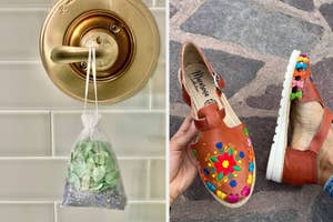 Left: a eucalyptus lavender bundle hanging in a shower; right: hand holding embroidered shoe with floral design, positioned next to a similar shoe on pavement