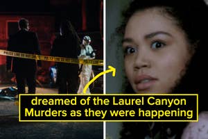 Split image: left shows silhouettes of two people by police tape; right has a girl looking alarmed with text about Laurel Canyon Murders