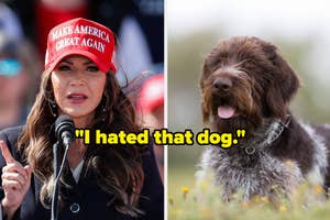 Woman in a "Make America Great Again" hat speaking, and a dog on the right with quote "I hated that dog."