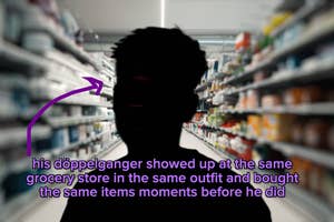 Silhouetted person in a store aisle with text about a doppelganger encounter
