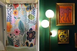 Two eclectic home decor scenes: a vibrant floral-patterned shower curtain and a wall with unique framed artwork next to a stylish floor lamp
