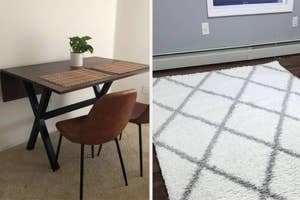 Two images: left shows a minimalist dining set with two chairs, right is a close-up of a patterned shag rug