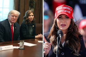 Two separate images: left shows a man and woman at a table; right shows a woman in a 'Make America Great Again' hat speaking into a microphone