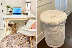 On the left, a home office setup with a laptop on a desk and a woven basket beside it; on the right, a white braided laundry hamper with a lid