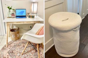 On the left, a home office setup with a laptop on a desk and a woven basket beside it; on the right, a white braided laundry hamper with a lid