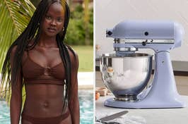 on the left a brown bikini top, on the right a periwinkle kitchenaid mixer