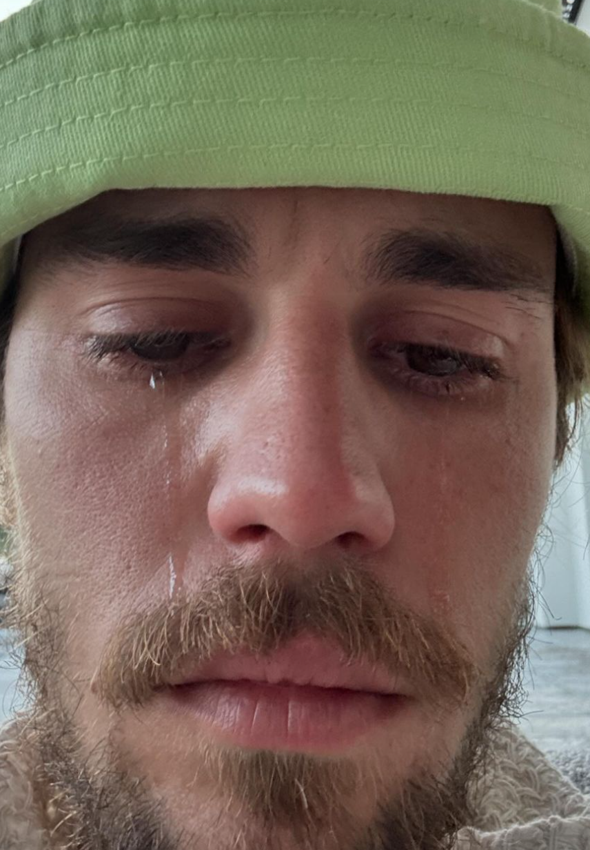 Closeup of Justin Bieber crying