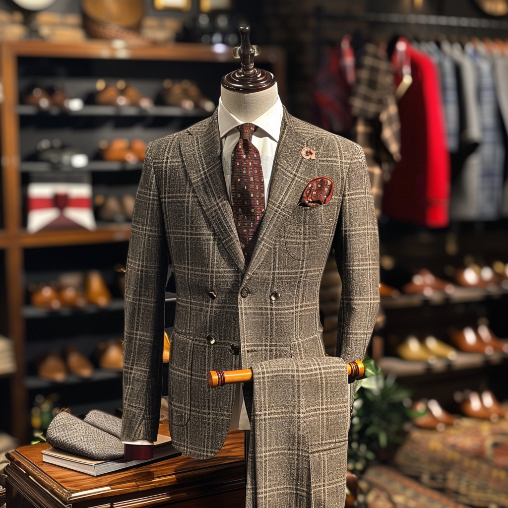 Mannequin dressed in a checkered double-breasted suit with a tie, displayed in a clothing store
