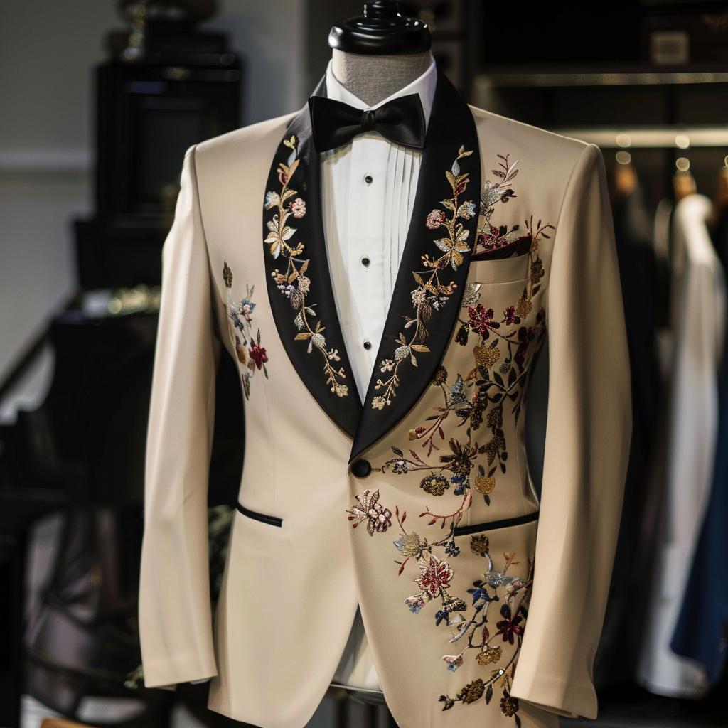 Embroidered suit with floral design on display in a shop, no persons present