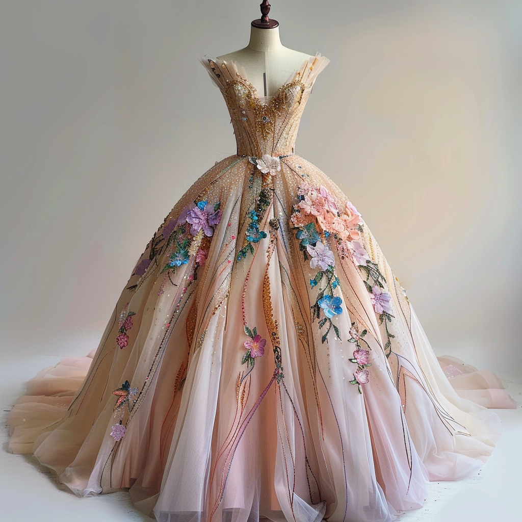 Elegant gown with floral embroidery on mannequin