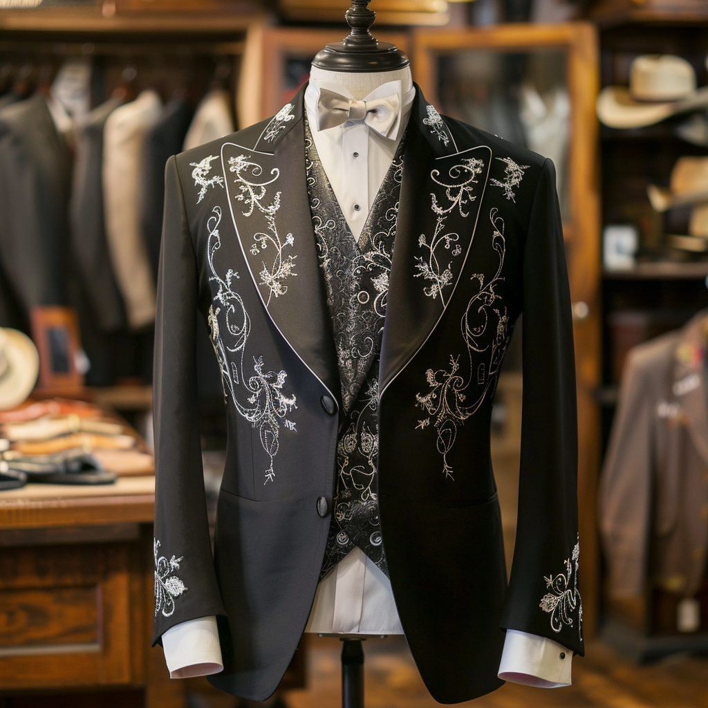 Embroidered formal suit jacket with bowtie on a mannequin, displayed in a boutique