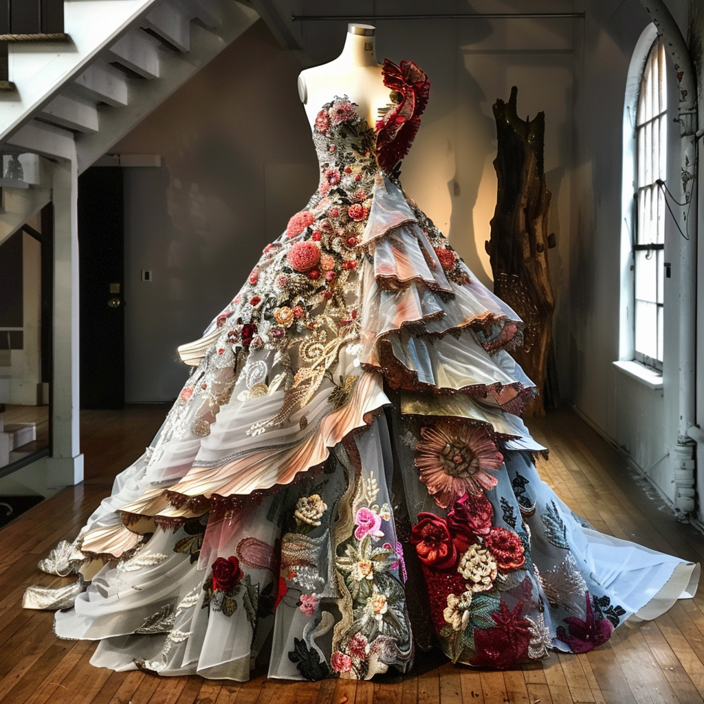 Elaborate designer gown on mannequin with floral and jewel embellishments