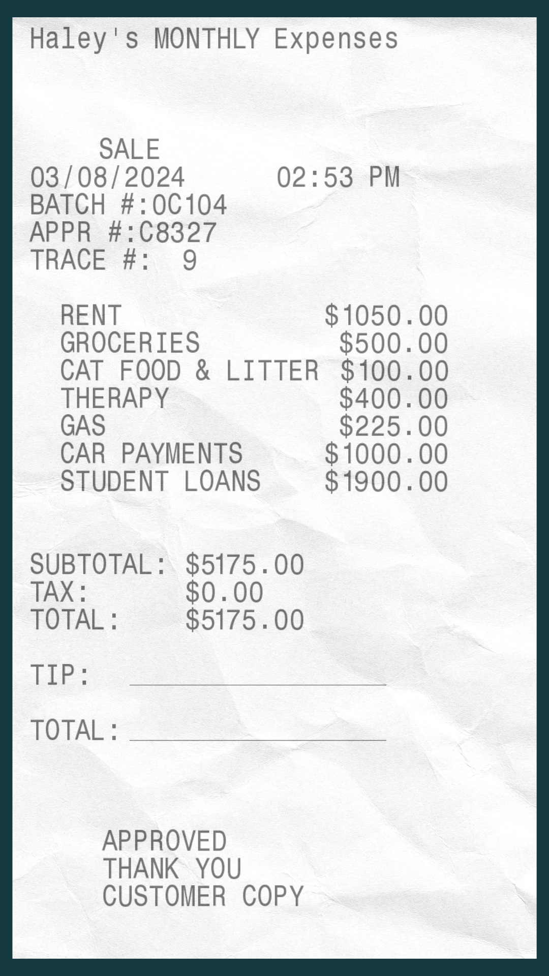 Receipt with itemized expenses including rent, groceries, and car payments, totaling $5175.00, indicating high living costs