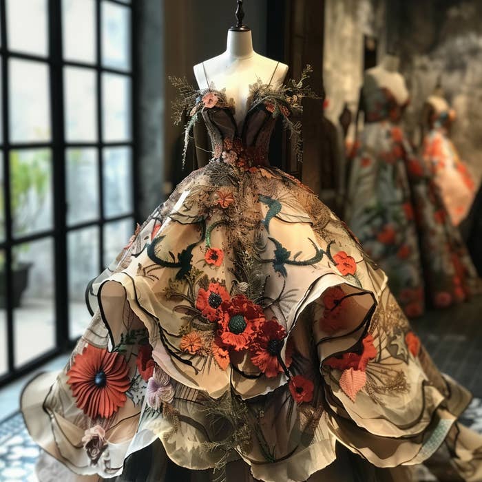 Mannequin displaying an intricate floral gown with voluminous skirt in a room with other dresses