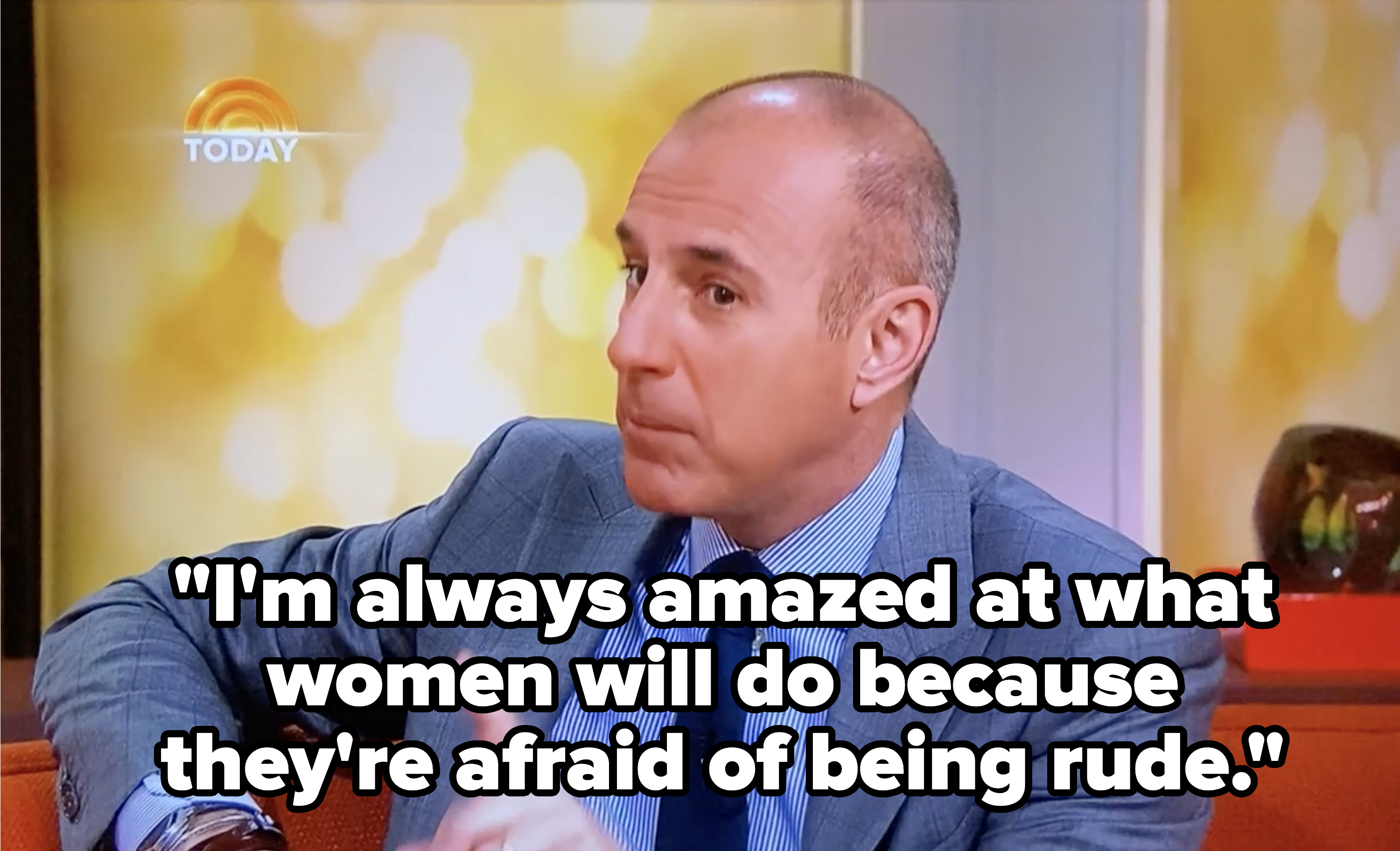 Matt Lauer wearing a suit, sitting and talking on the Today Show set