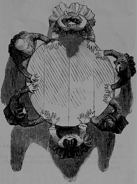 Illustration of multiple figures surrounding a large shield, some with heads bowed, in a symmetrical composition