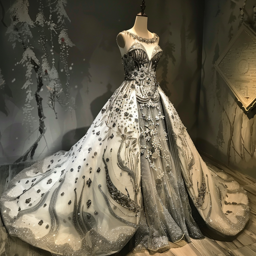Elegant gown with intricate beadwork and full skirt on mannequin, displayed in a room with tree motifs