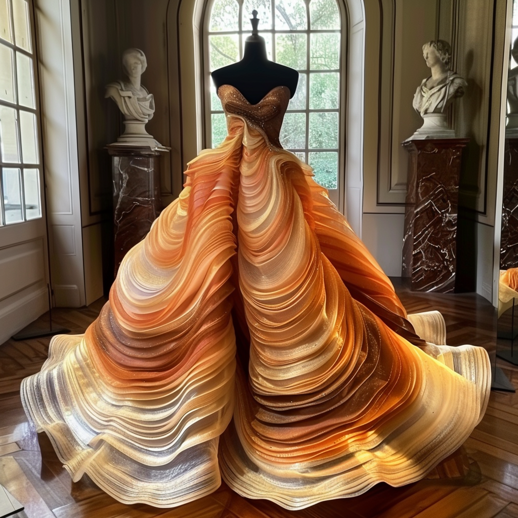 Elegant gown with layered, swirling skirt displayed between two bust sculptures