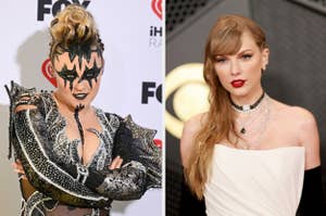 Two individual photos side by side. Left: performer in a dramatic costume with spiked details and face paint. Right: Taylor Swift in a white outfit with a choker