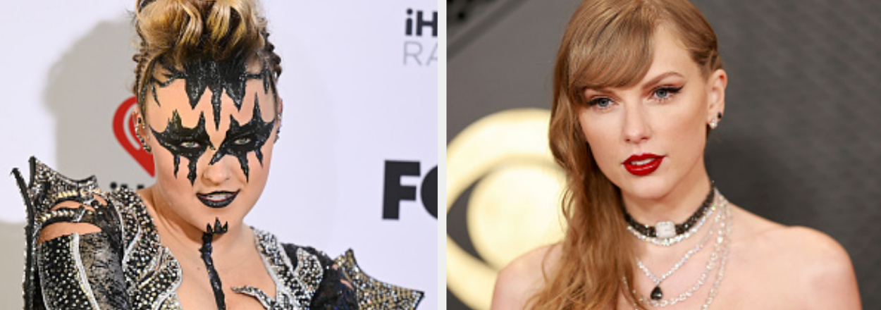 Two individual photos side by side. Left: performer in a dramatic costume with spiked details and face paint. Right: Taylor Swift in a white outfit with a choker