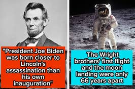 Two side-by-side photos: left, Abraham Lincoln; right, astronaut on the moon with fact text