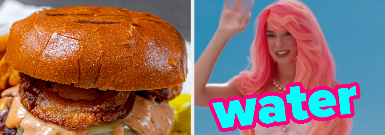 On the left, a cheeseburger, and on the right, Dua Lipa waving from the ocean as Mermaid Barbie in Barbie labeled water