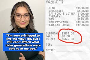 Woman next to a displayed receipt showing high living expenses, implying financial challenges for younger people