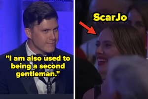 Two panels: Left, a man speaking at a podium; right, a woman smiling in an audience with text "ScarJo"
