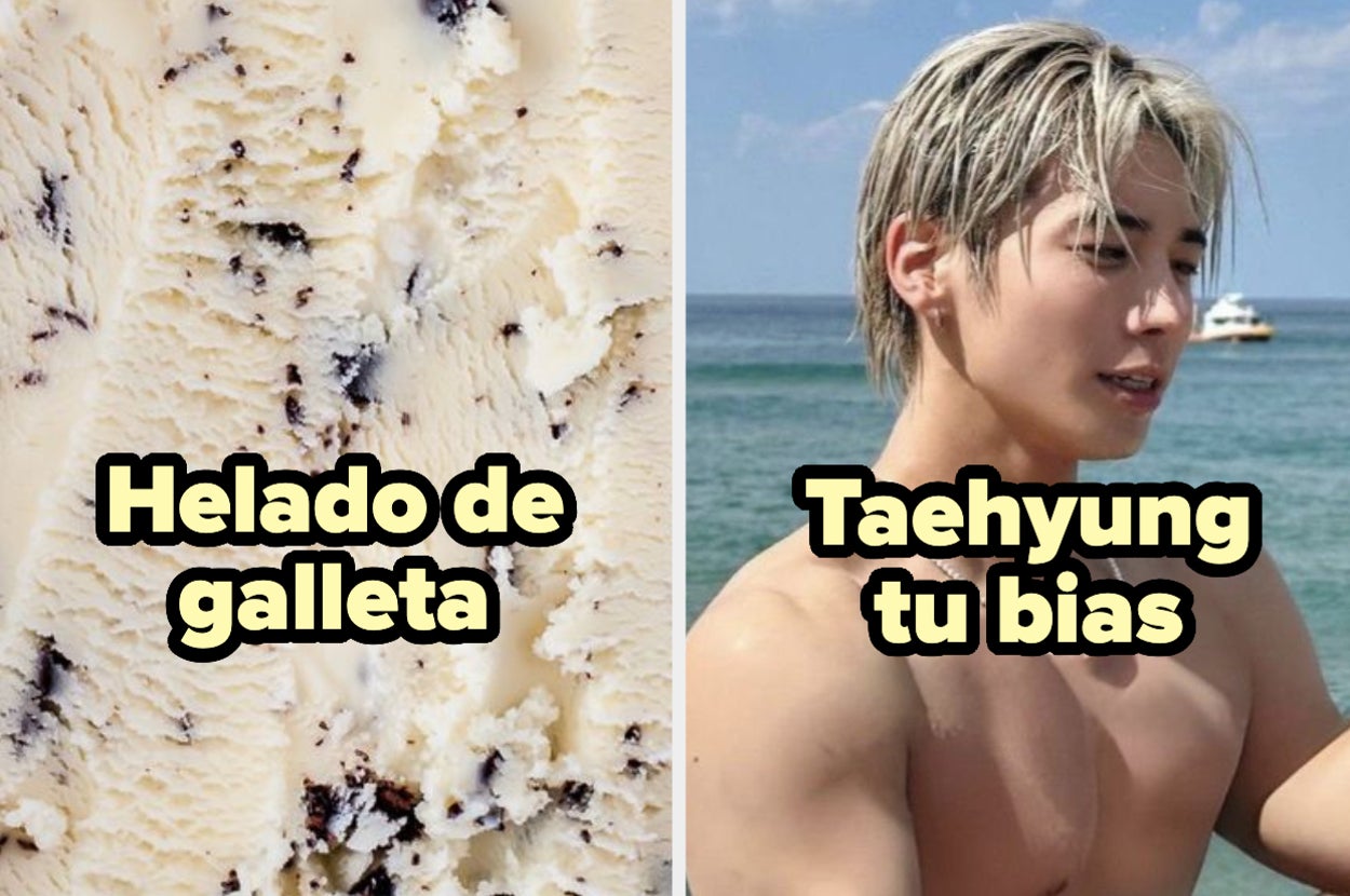 Helado con trozos de galleta y una foto de Taehyung de BTS en la playa, con texto de fan "Taehyung tu bias"