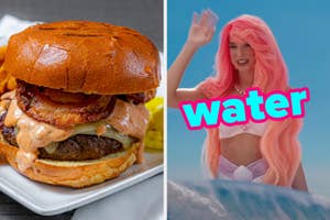 On the left, a cheeseburger, and on the right, Dua Lipa waving from the ocean as Mermaid Barbie in Barbie labeled water