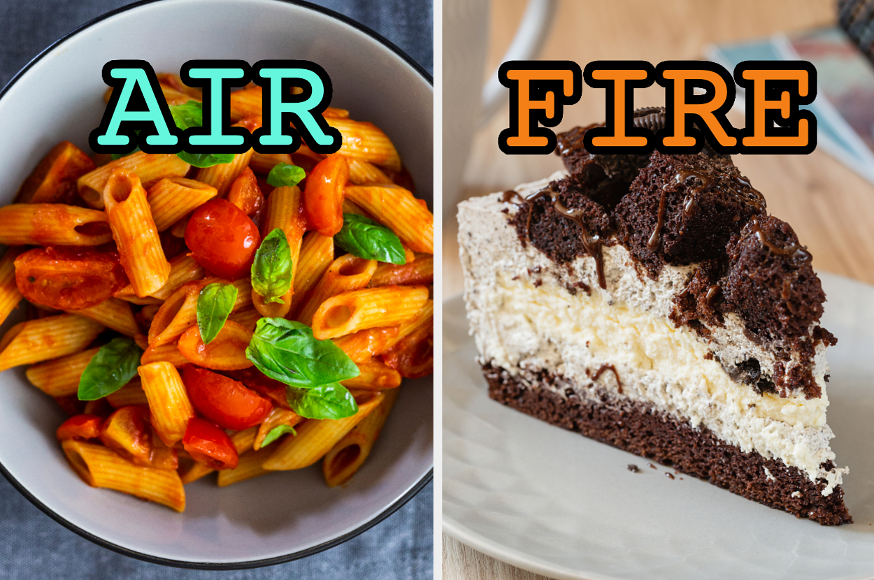 On the left, some penne pasta with marinara sauce labeled air, and on the right, a slice of Oreo cheesecake labeled fire