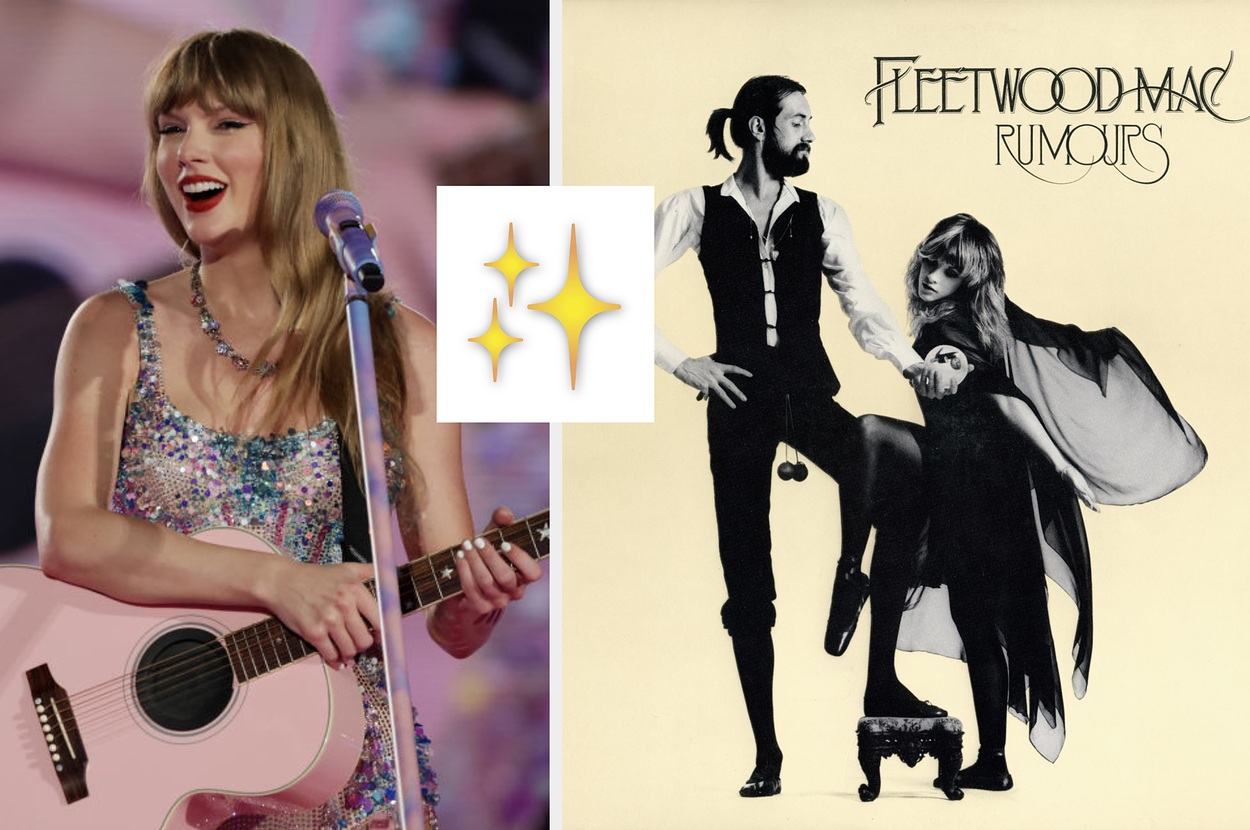 Taylor Swift performing with a guitar, album cover of Fleetwood Mac's "Rumours" to the right
