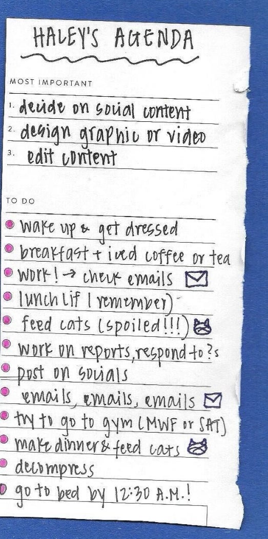 Handwritten list titled &quot;Haley&#x27;s Agenda&quot; with various to-dos, some checked off, on blue-lined paper