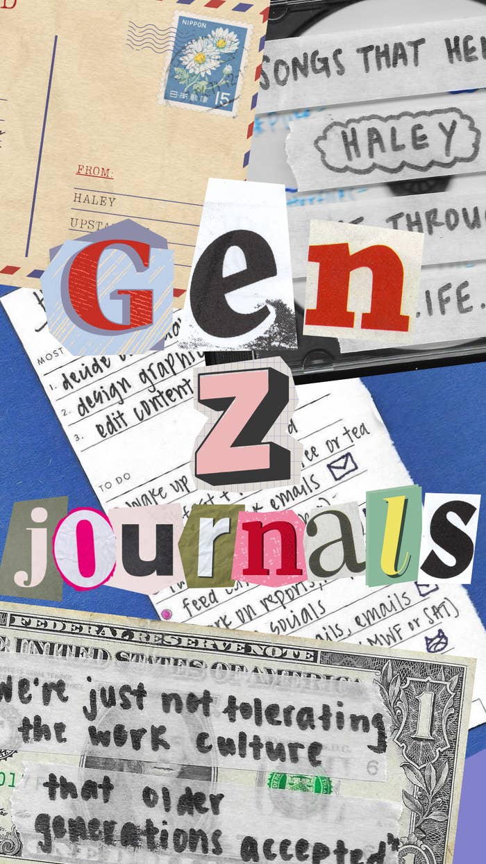 Collage of phrases and items like envelopes, currency, relating to Gen Z life and values