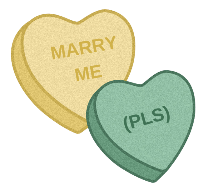 Two heart-shaped candies with &quot;MARRY ME&quot; and &quot;(PLS)&quot; written on them