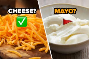 Image comparing cheese and mayo with a checkmark on the cheese, questioning which to choose