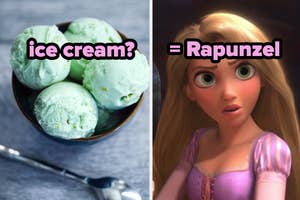 Left: bowl of scooped ice cream; Right: Rapunzel from Tangled with a puzzled expression
