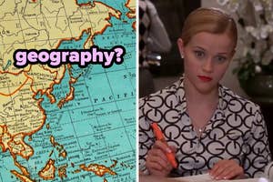 Image on left shows a vintage map with the word "geography?" superimposed. Right side is a woman in a printed blouse, looking puzzled
